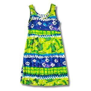 Vintage Jams World Dress S Sea Tulip Blue Green Floral Sleeveless Pockets W334